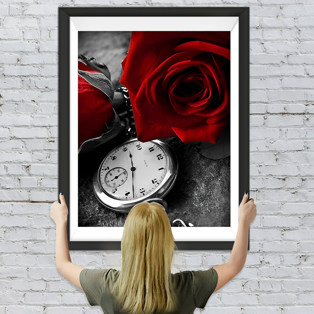 Rote Rosen und Uhr Diamond Painting