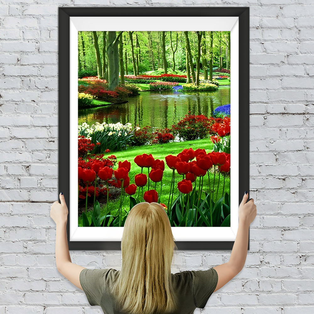 Rote Tulpen im Wald Diamond Painting