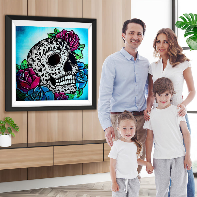 Rote und blaue Rosen und Totenkopf Diamond Painting