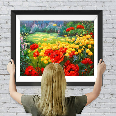 Rote und gelbe Blumen im Garten Diamond Painting