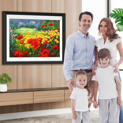 Rote und gelbe Blumen im Garten Diamond Painting