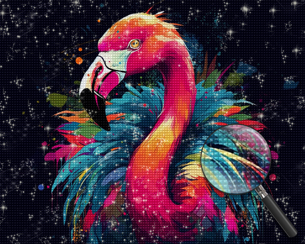 Roter Flamingo mit bunten Federn Diamond Painting