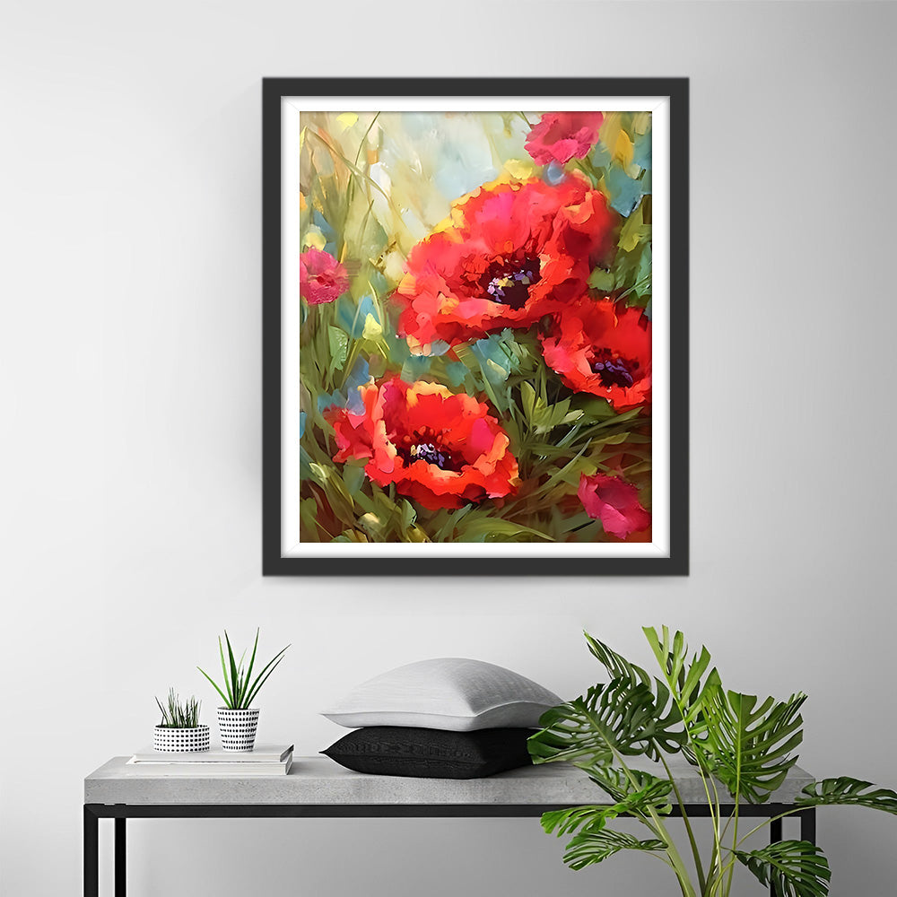Roter Klatschmohn und Knospen Diamond Painting