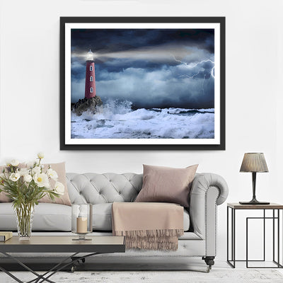 Roter Leuchtturm im Sturm Diamond Painting