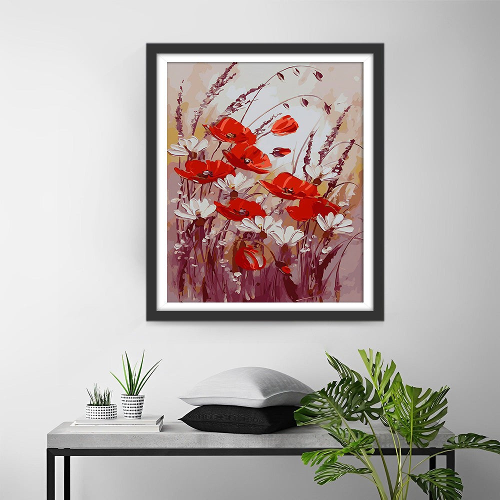 Roter Mohn und weiße Blumen Diamond Painting