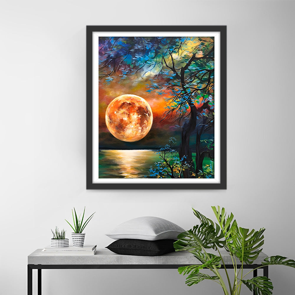 Roter Mond und Baum am See Diamond Painting