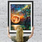 Roter Mond und Baum am See Diamond Painting