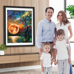 Roter Mond und Baum am See Diamond Painting