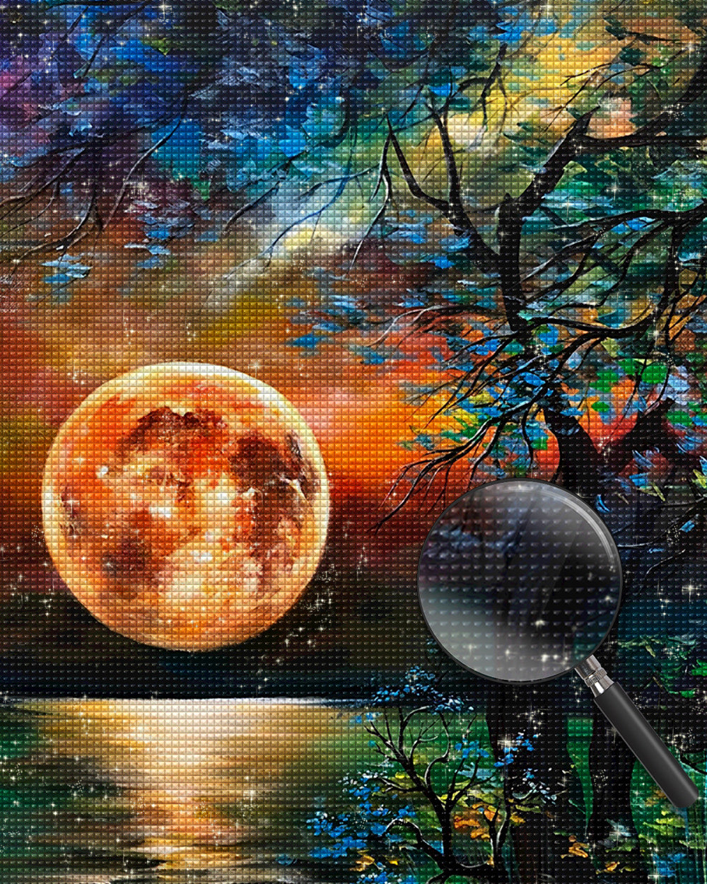 Roter Mond und Baum am See Diamond Painting