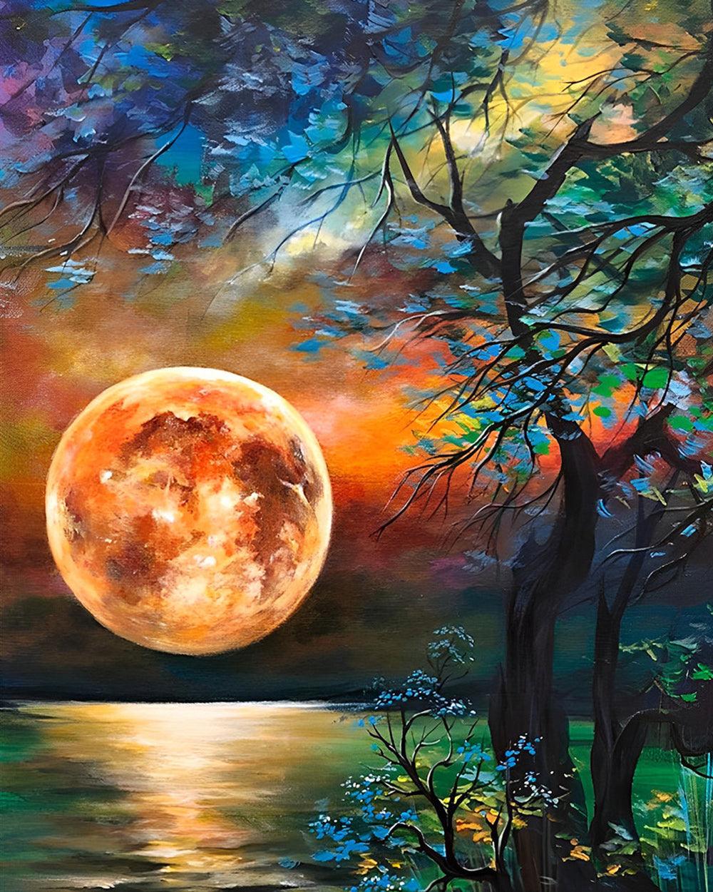 Roter Mond und Baum am See Diamond Painting