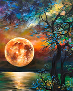 Roter Mond und Baum am See Diamond Painting