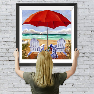 Roter Schirm am Meer Diamond Painting