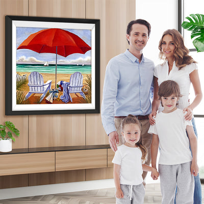 Roter Schirm am Meer Diamond Painting