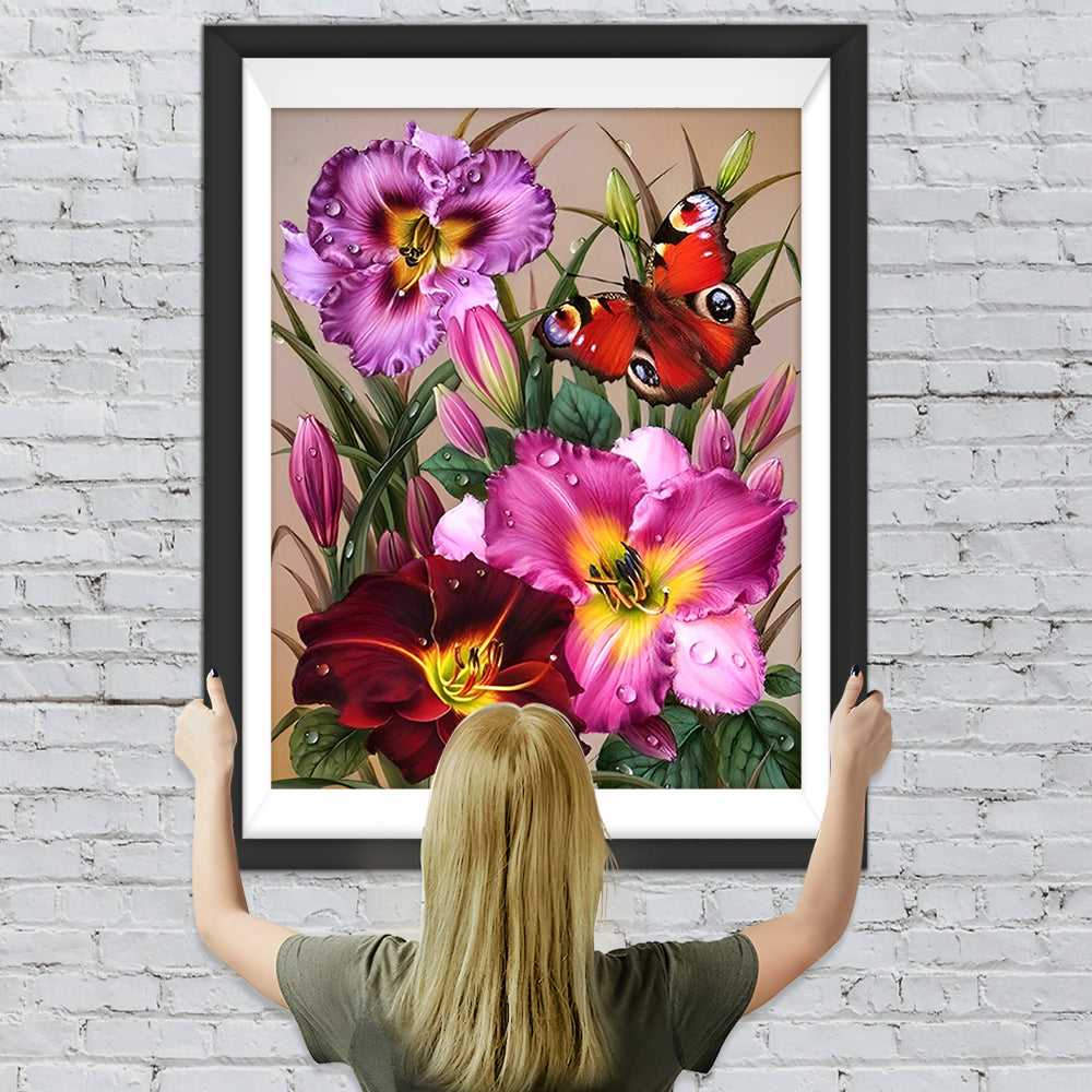 Roter Schmetterling und Blumen Diamond Painting