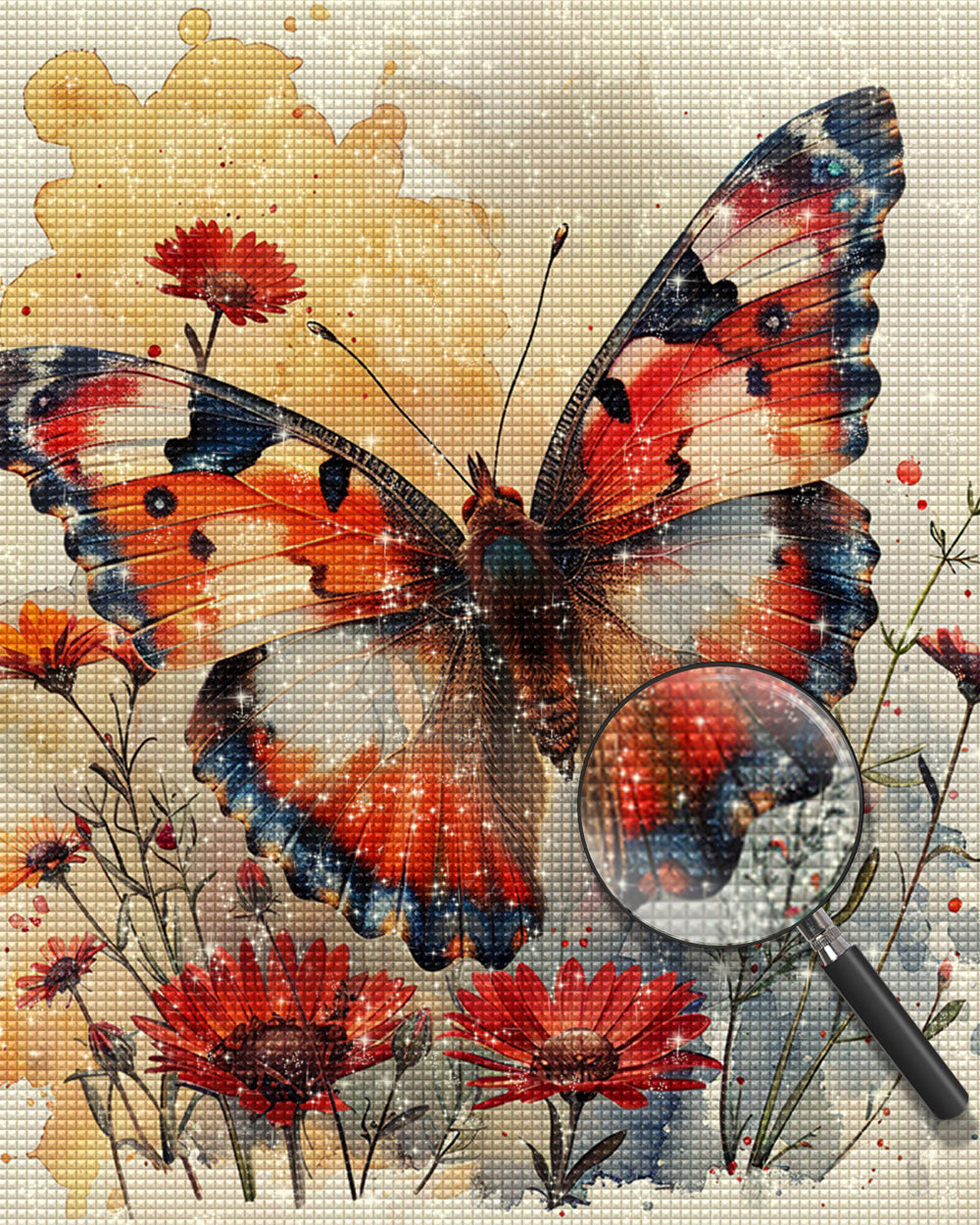 Roter Schmetterling und Blumen Diamond Painting