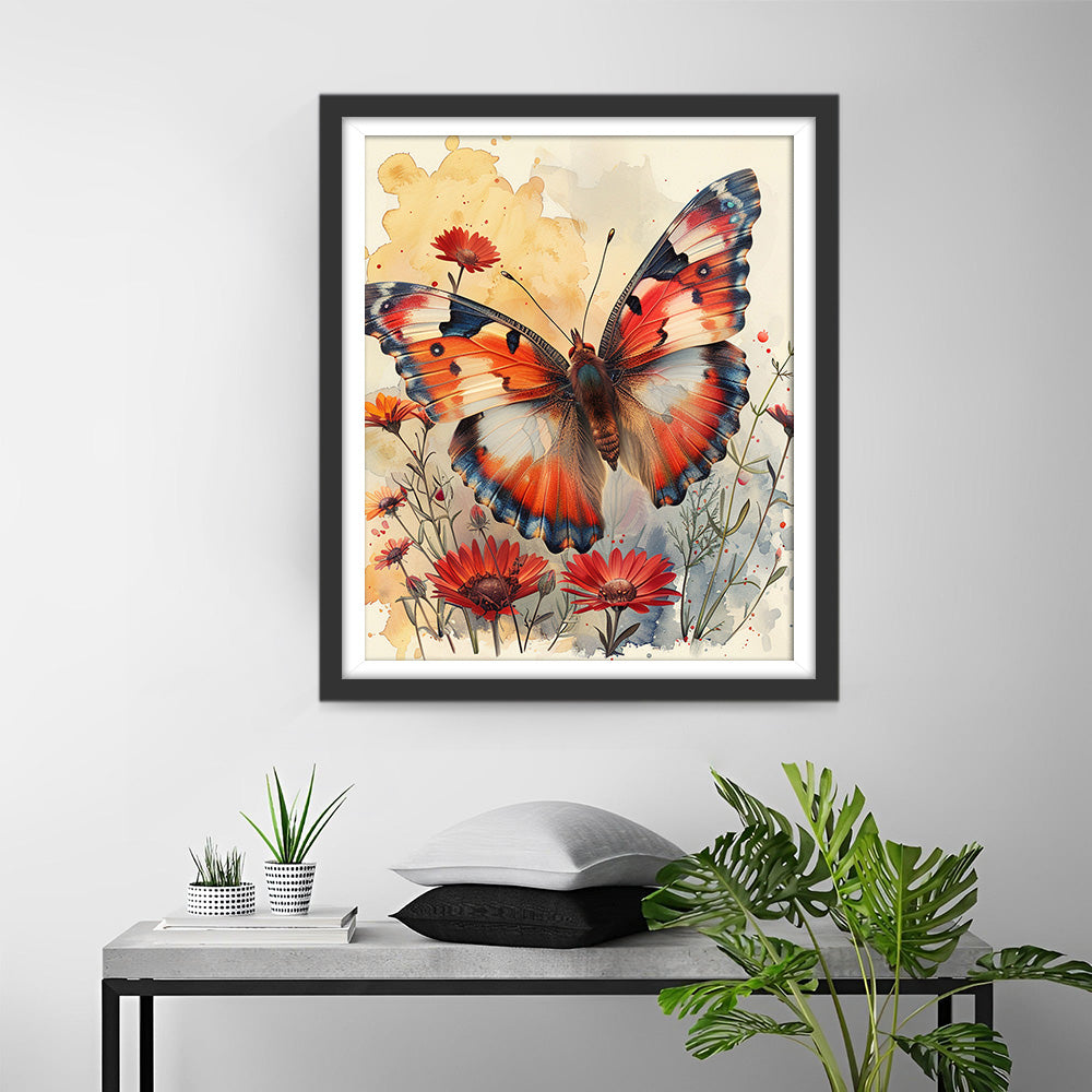 Roter Schmetterling und Blumen Diamond Painting