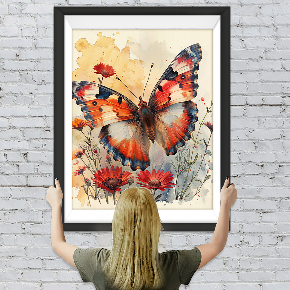 Roter Schmetterling und Blumen Diamond Painting