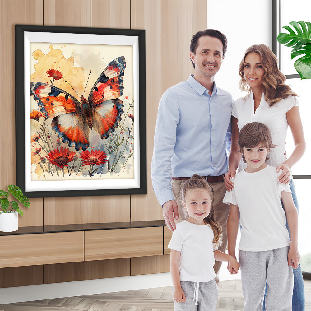 Roter Schmetterling und Blumen Diamond Painting