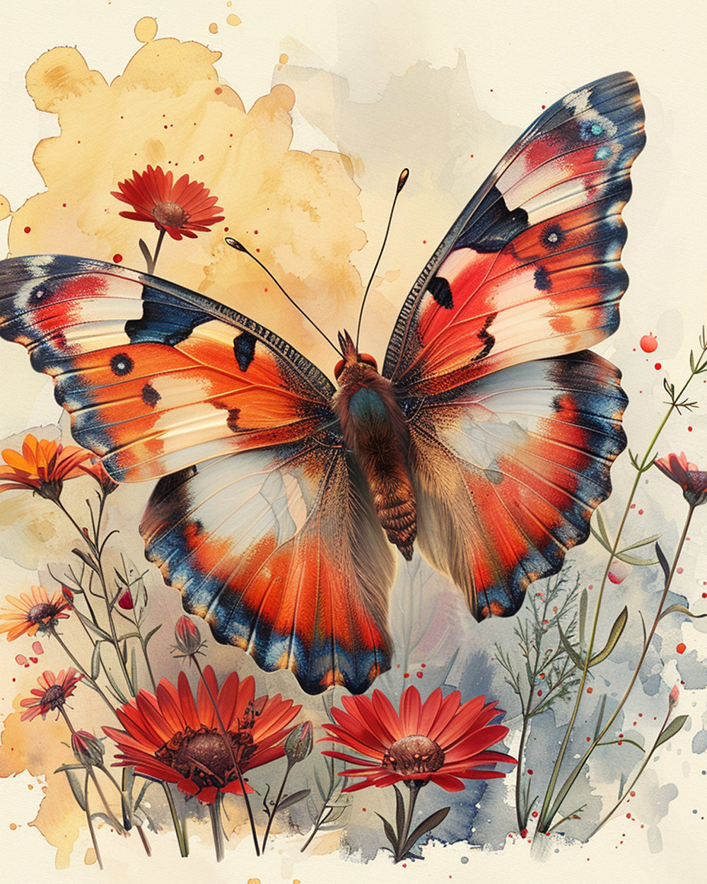 Roter Schmetterling und Blumen Diamond Painting
