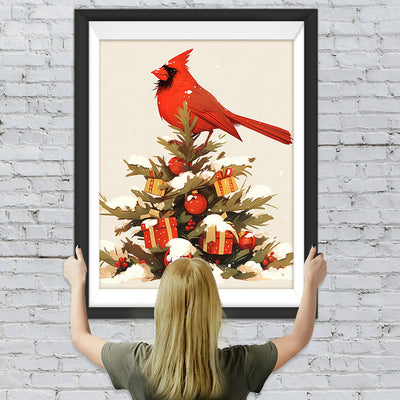 Roter Vogel auf dem Weihnachtsbaum Diamond Painting
