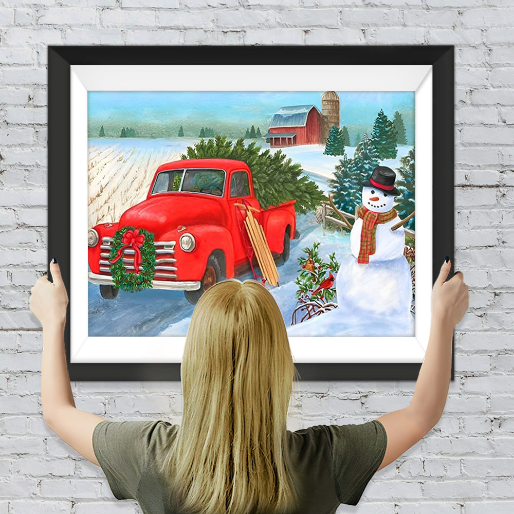Rotes Auto, Weihnachtsbaum und Schneemann Diamond Painting