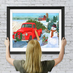 Rotes Auto, Weihnachtsbaum und Schneemann Diamond Painting