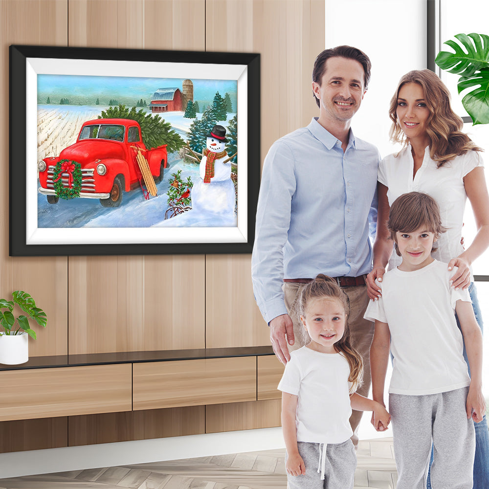 Rotes Auto, Weihnachtsbaum und Schneemann Diamond Painting