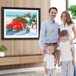 Rotes Auto, Weihnachtsbaum und Schneemann Diamond Painting