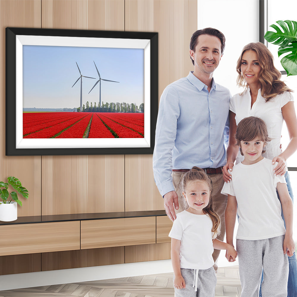 Rotes Blumenfeld und Windräder Diamond Painting