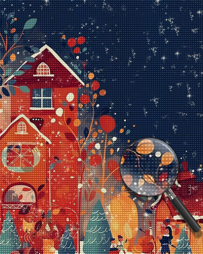 Rotes Cartoon-Weihnachtshaus Diamond Painting