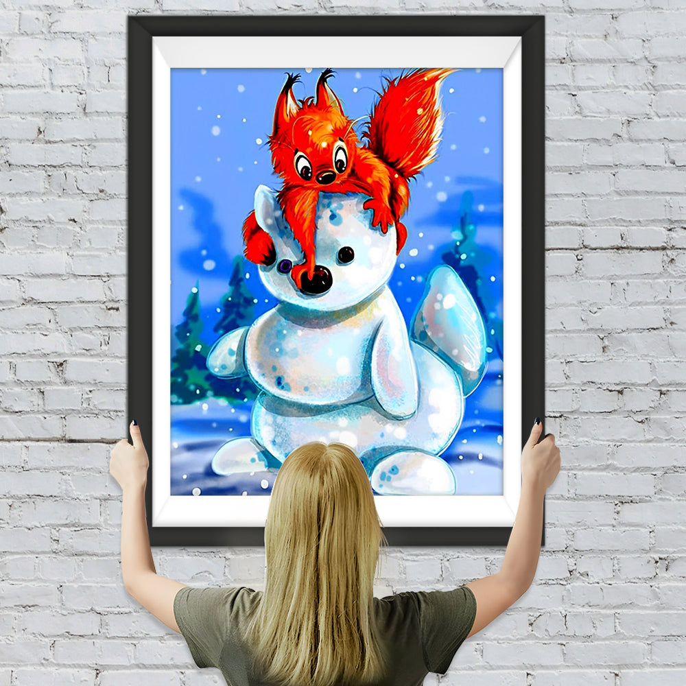 Rotes Eichhörnchen und Schneemann Diamond Painting