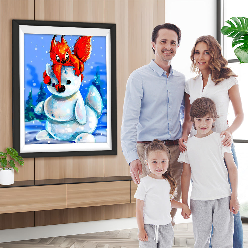 Rotes Eichhörnchen und Schneemann Diamond Painting