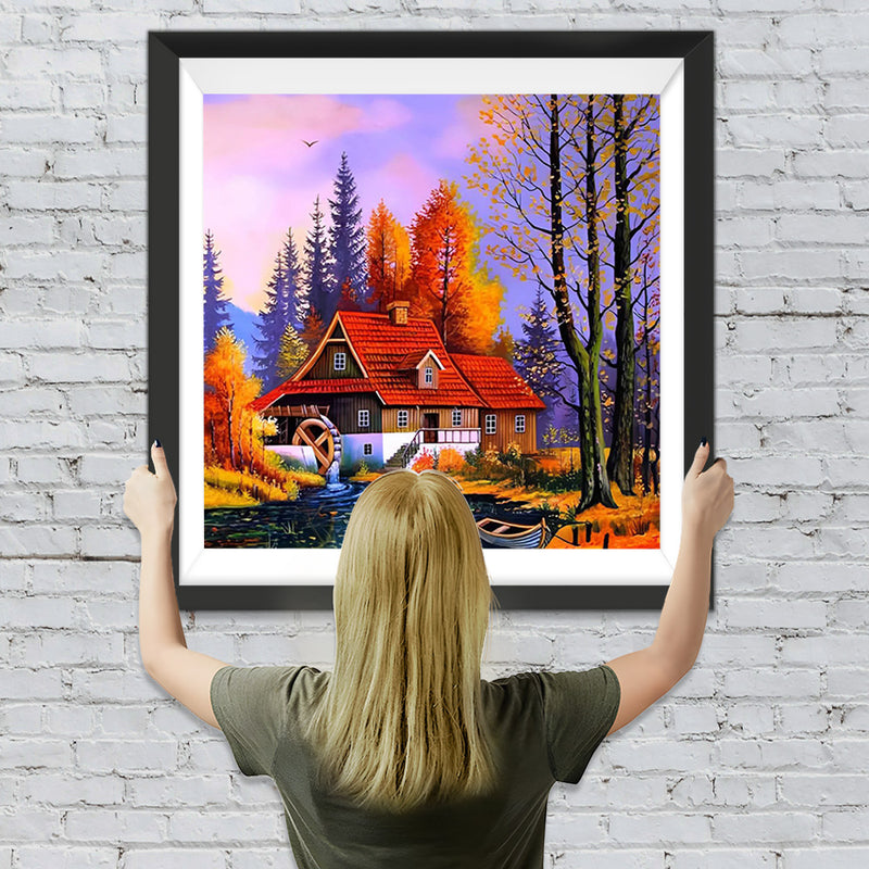 Rotes Haus im Wald im Herbst Diamond Painting