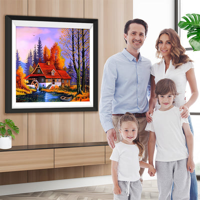 Rotes Haus im Wald im Herbst Diamond Painting