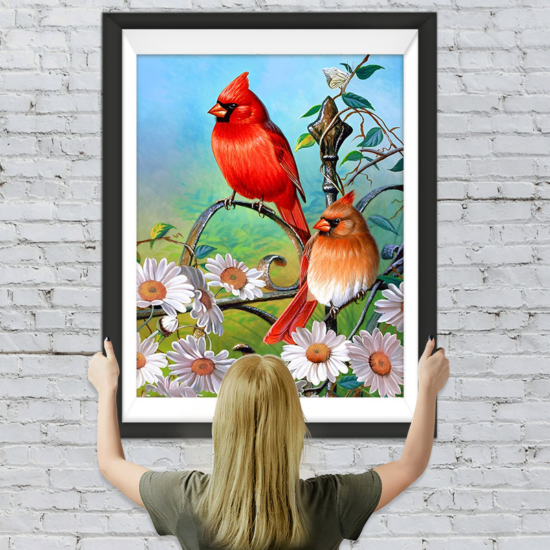 Rotkardinäle und Gänseblümchen Diamond Painting