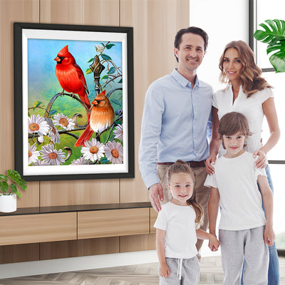 Rotkardinäle und Gänseblümchen Diamond Painting