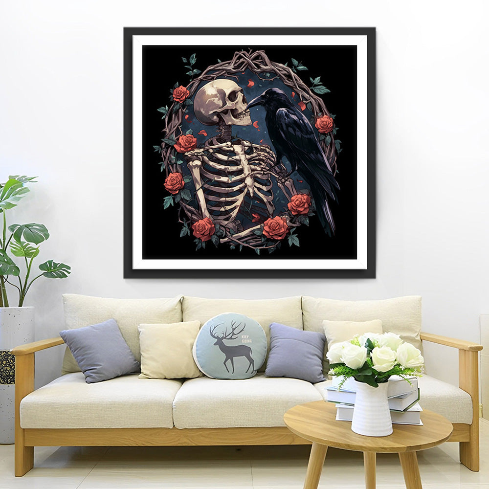 Schädel, Rabe und Rose Diamond Painting