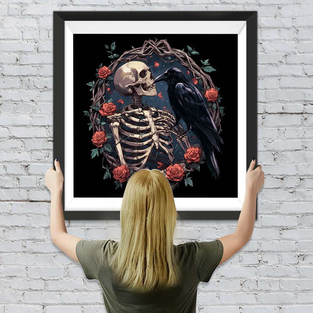 Schädel, Rabe und Rose Diamond Painting