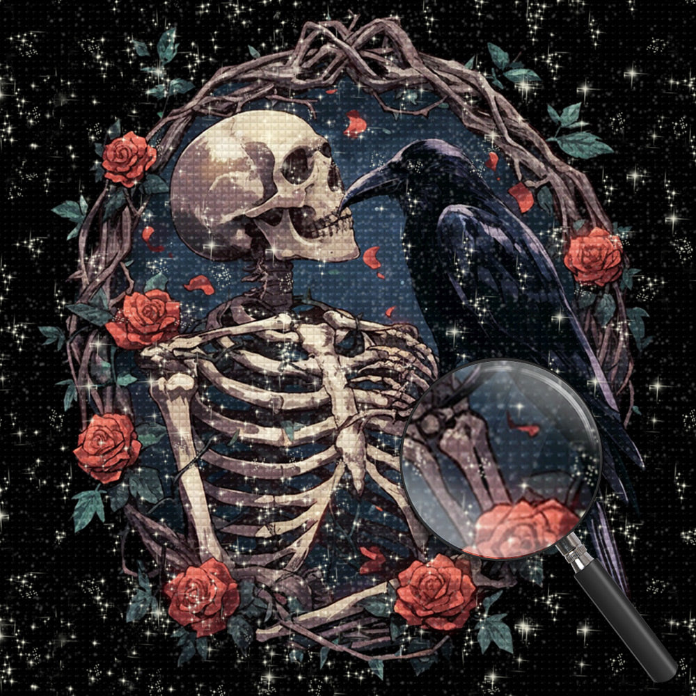 Schädel, Rabe und Rose Diamond Painting