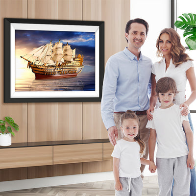 Schiff mit weißen Segeln auf dem Meer Diamond Painting