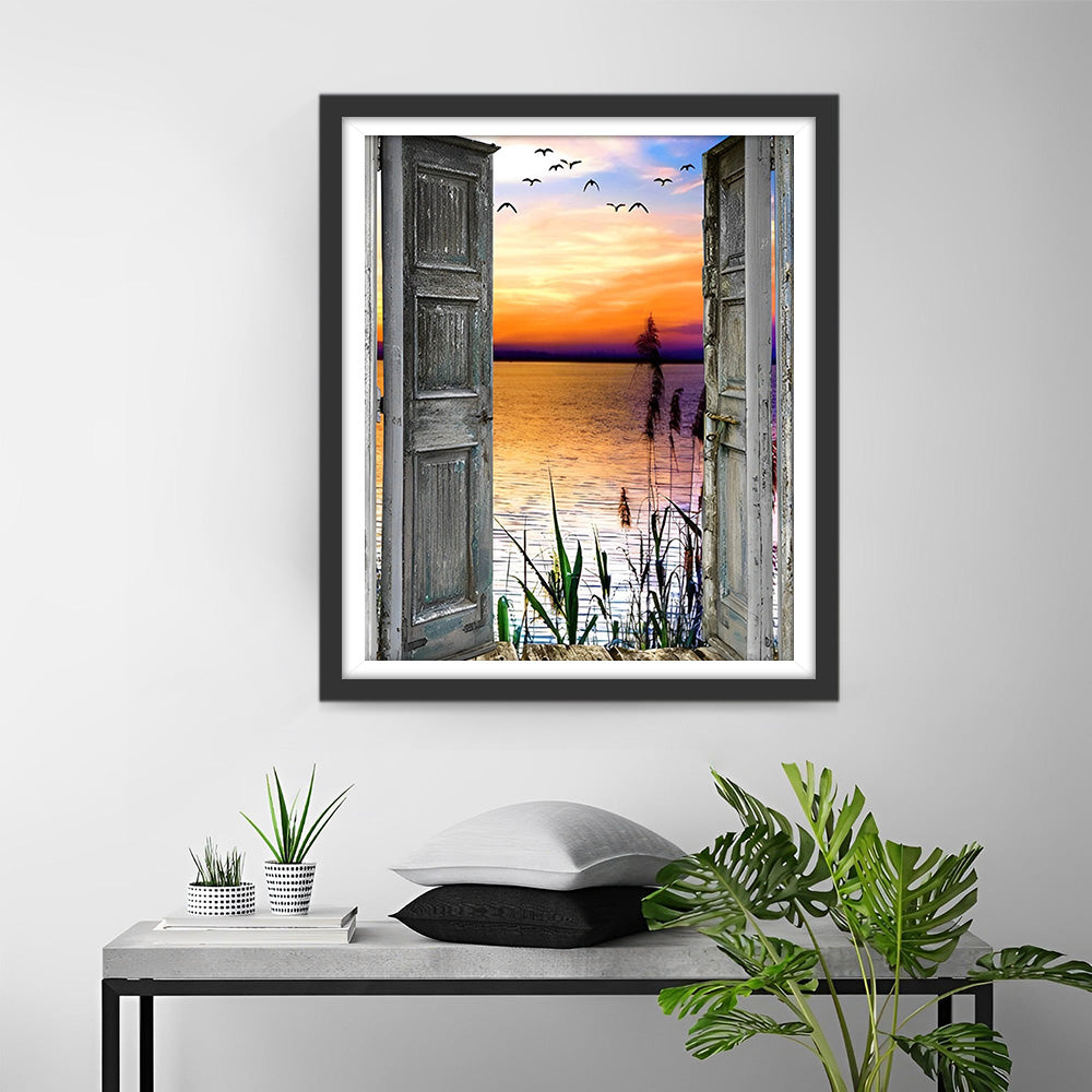 Schilf und Meer vor der Holztür Diamond Painting