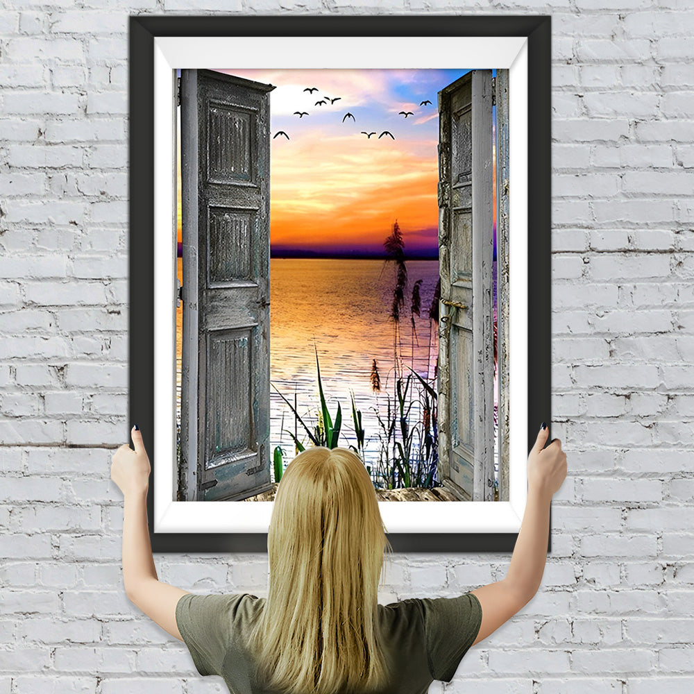 Schilf und Meer vor der Holztür Diamond Painting