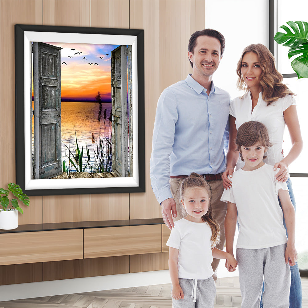Schilf und Meer vor der Holztür Diamond Painting