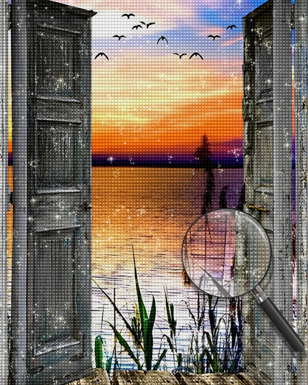 Schilf und Meer vor der Holztür Diamond Painting