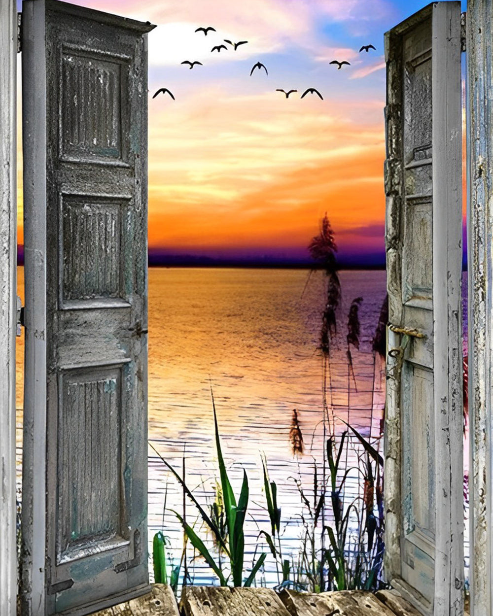 Schilf und Meer vor der Holztür Diamond Painting