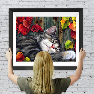 Schlafende Katze und Ahornblätter Diamond Painting