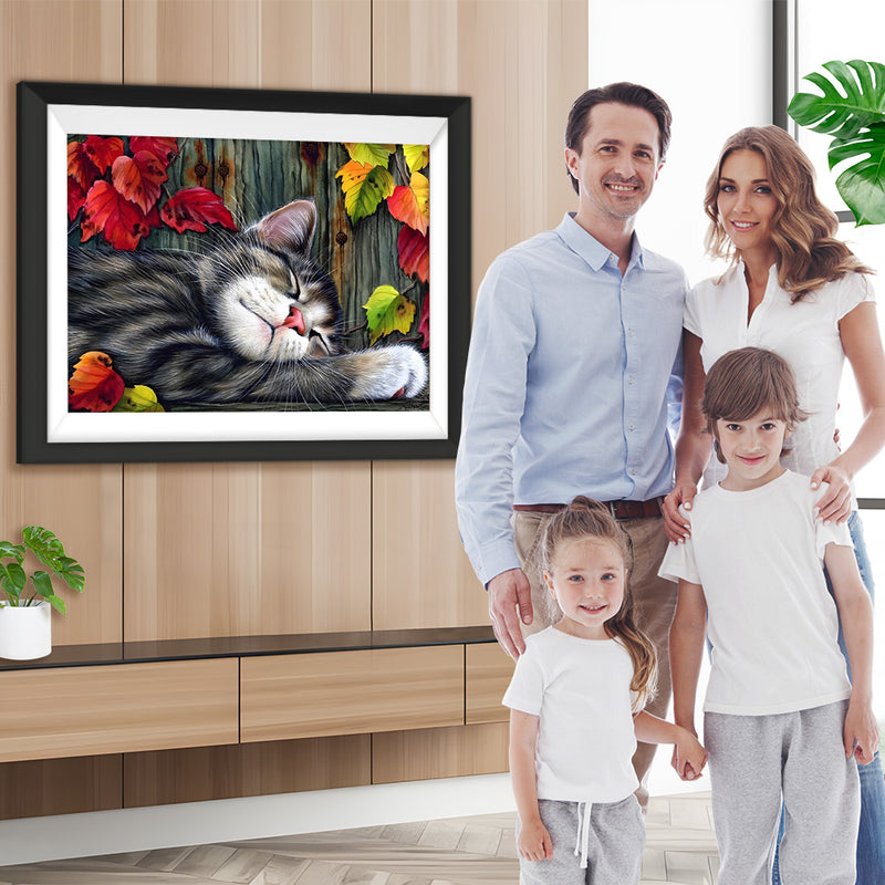 Schlafende Katze und Ahornblätter Diamond Painting