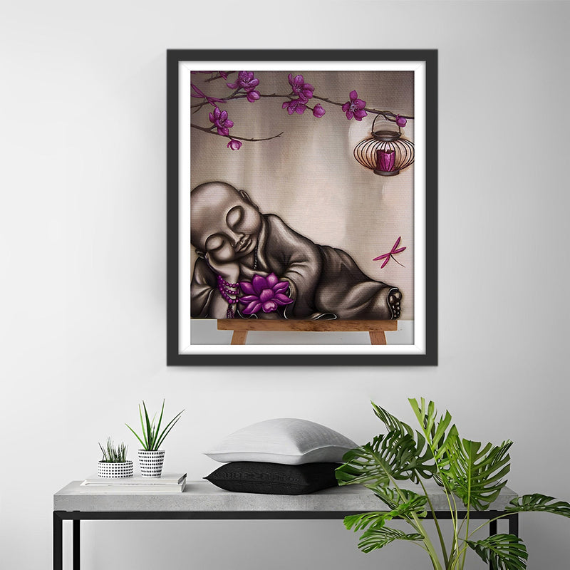 Schlafender Buddha und lila Lotus Diamond Painting