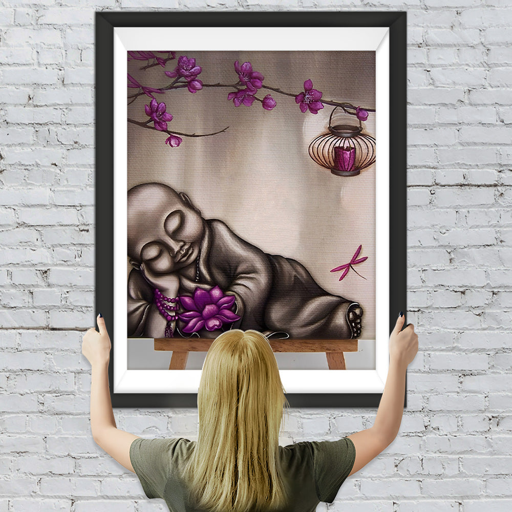 Schlafender Buddha und lila Lotus Diamond Painting