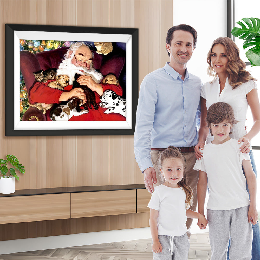 Schlafender Weihnachtsmann mit Katzen und Hunden Diamond Painting